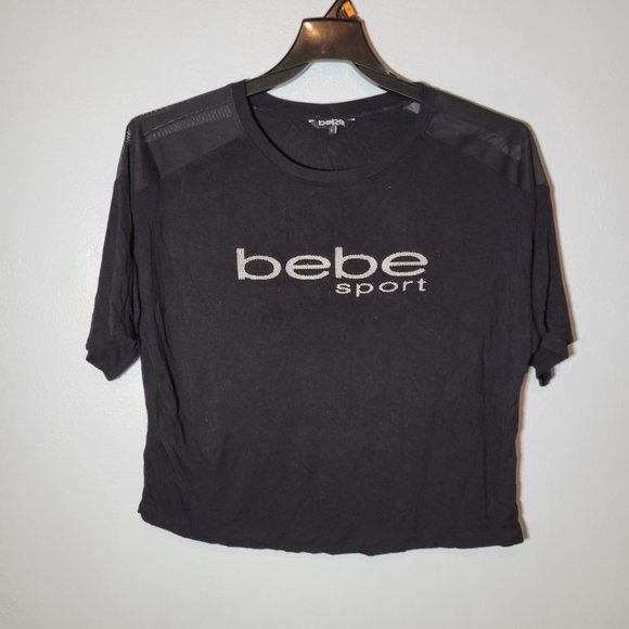 Bebe Sport Womens Top Black Size L Short Length Mesh at Shoulders See Last Pic - Picture 1 of 4
